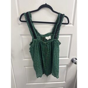 Anthropologie Green Geometric Dot Print Crochet Lace Trim Button Front Top Sz 2